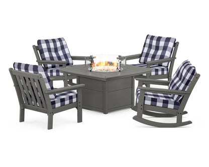 POLYWOOD® Vineyard 5-Piece Deep Seating Rocking Chair Conversation Set with Fire Pit Table in Slate Grey / Buffalo Plaid Navy