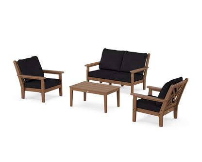 POLYWOOD® Chippendale 4-Piece Deep Seating Set with Loveseat in Teak / Midnight Linen