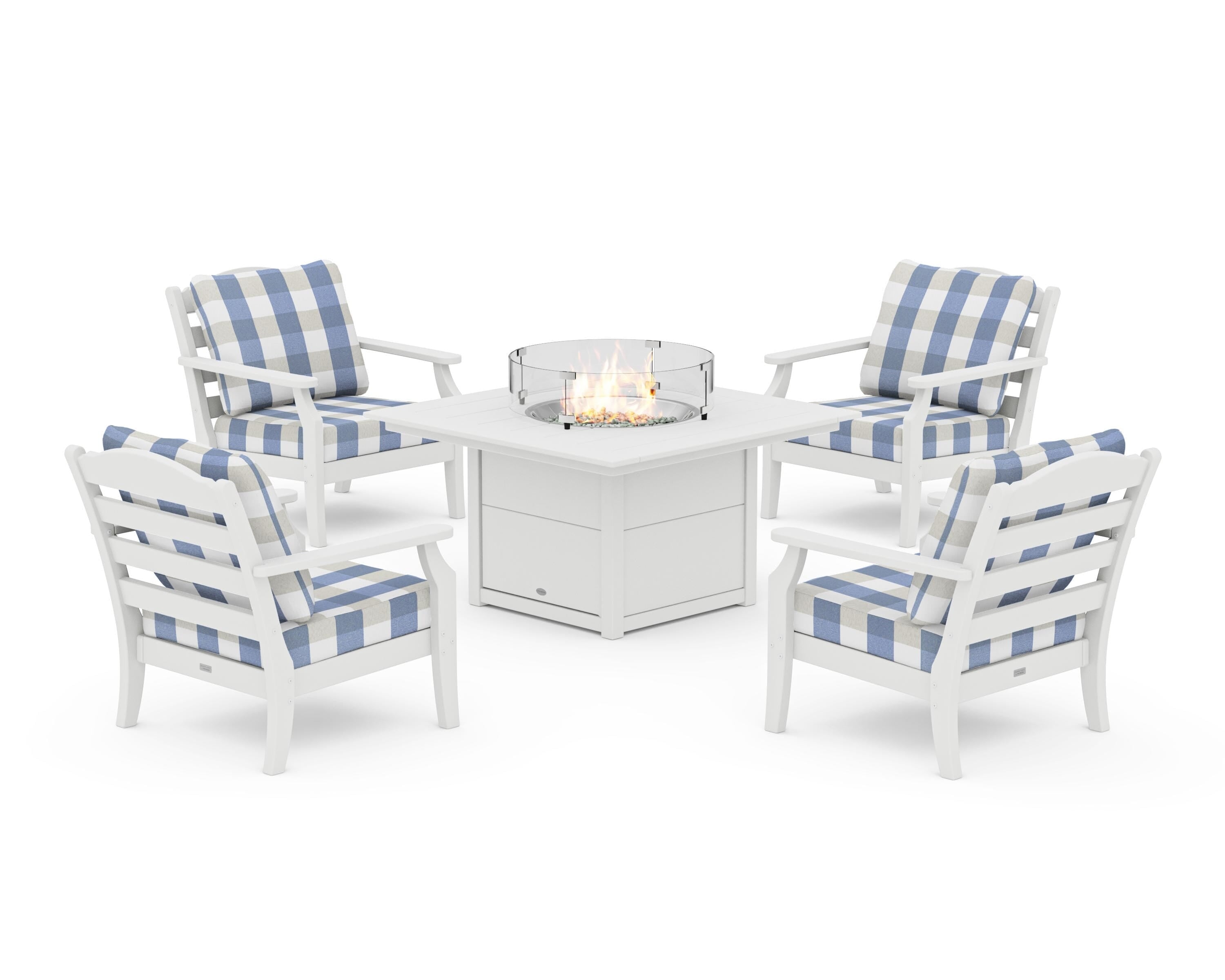 Draper James™ by  POLYWOOD® Savannah 5-Piece Deep Seating Set with Fire Pit Table in White / Buffalo Plaid Sky Blue