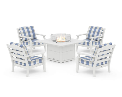 Draper James™ by  POLYWOOD® Savannah 5-Piece Deep Seating Set with Fire Pit Table in White / Buffalo Plaid Sky Blue
