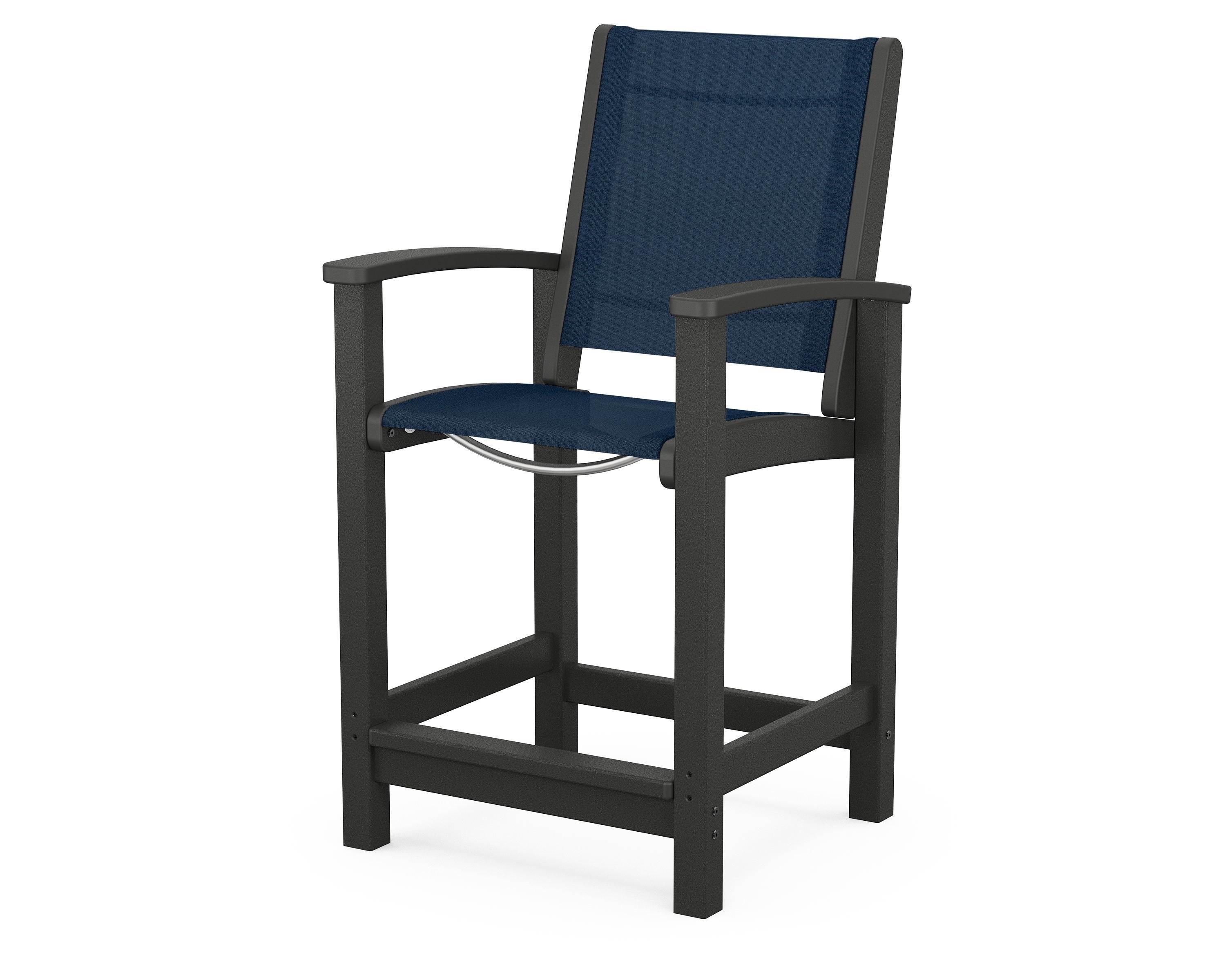 POLYWOOD® Coastal Counter Chair in Black / Navy Blue Sling