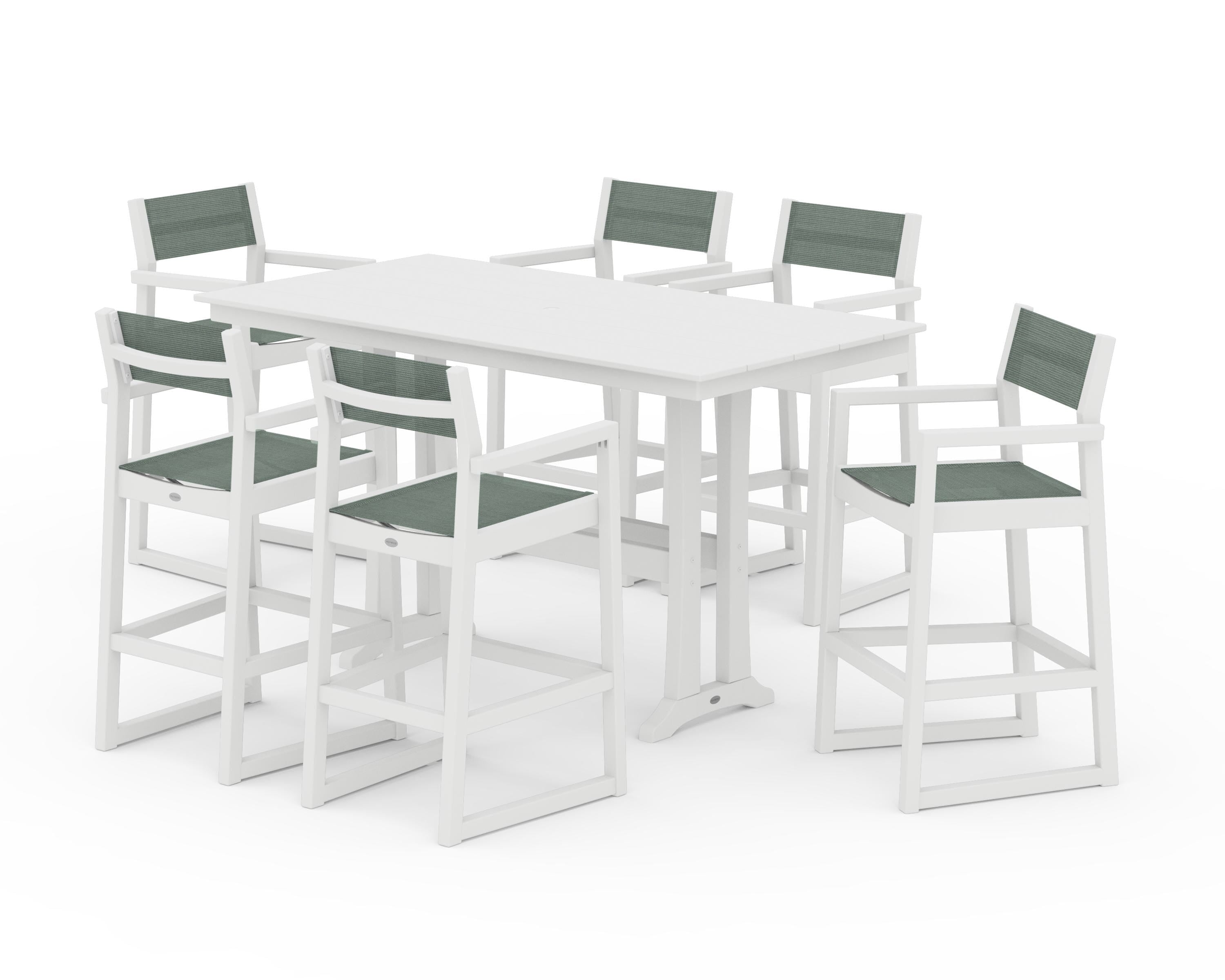 POLYWOOD® EDGE Sling Arm Chair 7-Piece Farmhouse Bar Set with Trestle Legs in White / Dupioni Sea Mist Sling