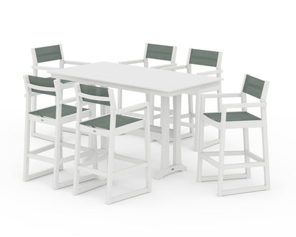 POLYWOOD® EDGE Sling Arm Chair 7-Piece Farmhouse Bar Set with Trestle Legs in White / Dupioni Sea Mist Sling