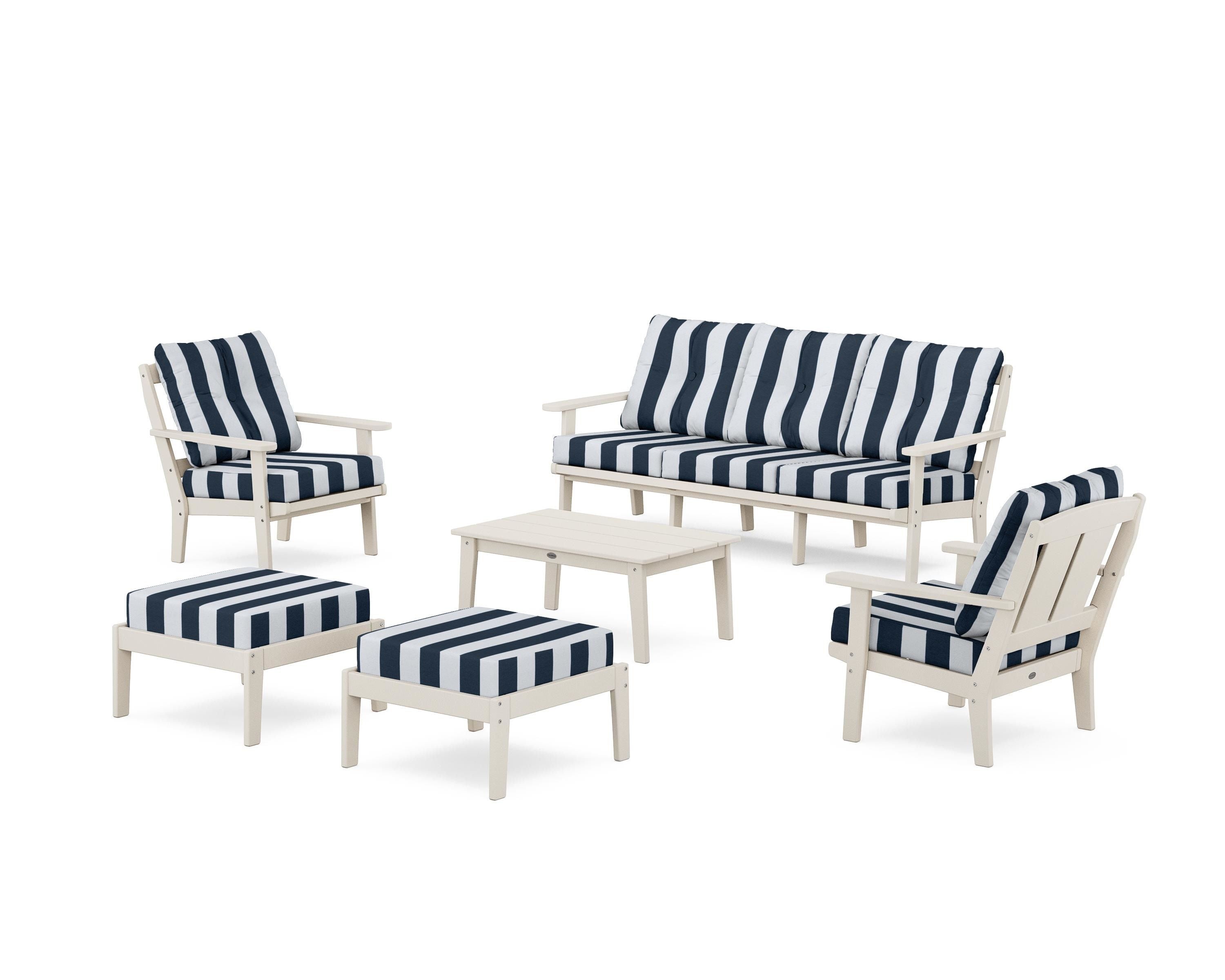 POLYWOOD® Mission 6-Piece Lounge Sofa Set in Sand / Cabana Stripe Marine Indigo