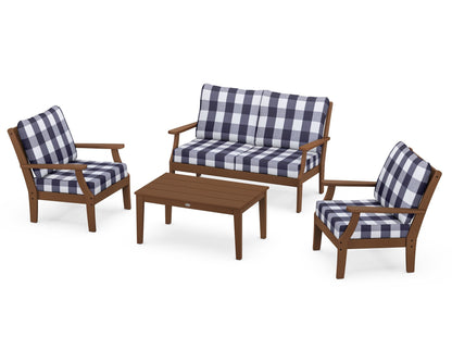 POLYWOOD® Braxton 4-Piece Deep Seating Chair Set in Teak / Buffalo Plaid Navy