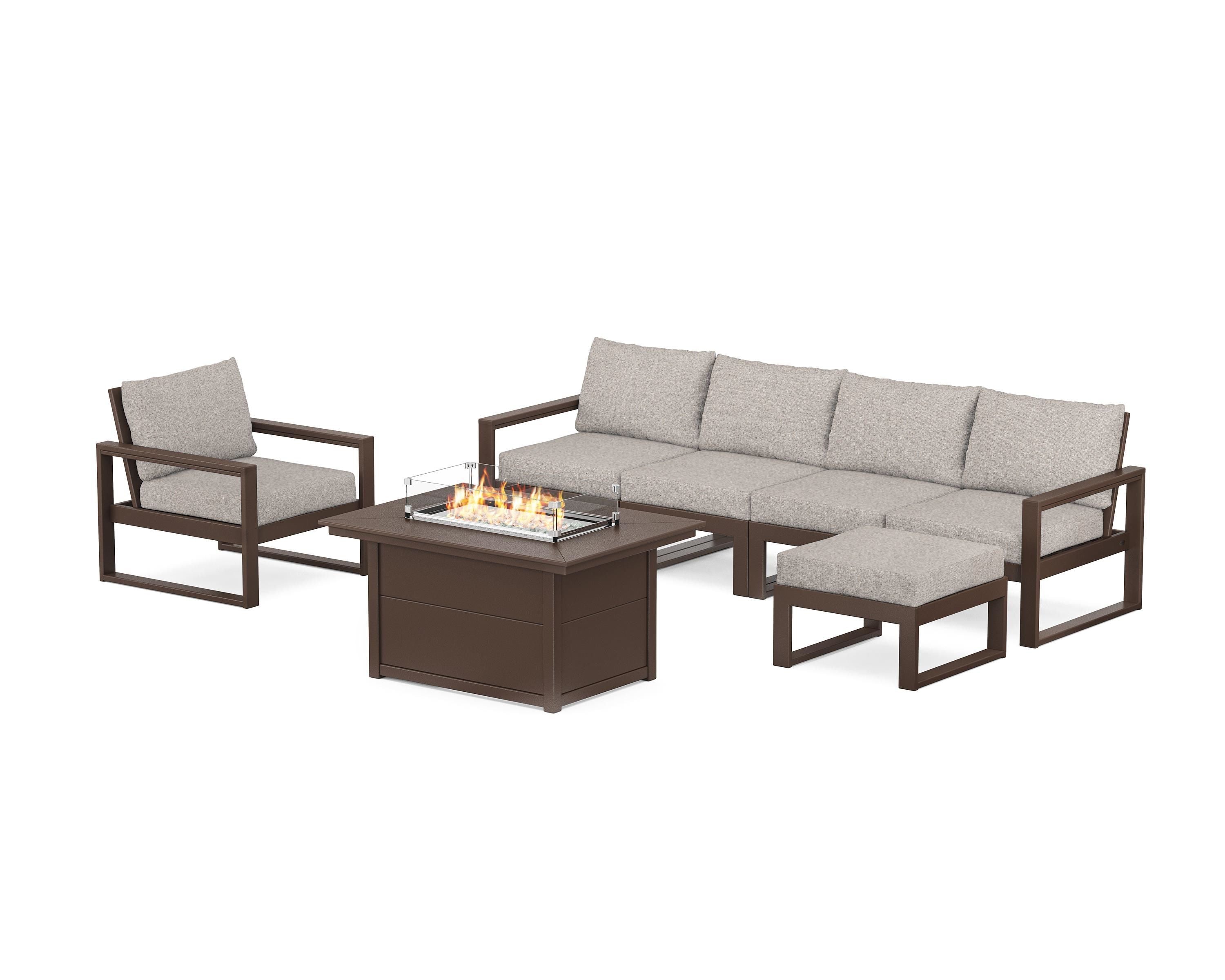 POLYWOOD® EDGE Sectional Lounge and Fire Pit Set in Mahogany / Weathered Tweed