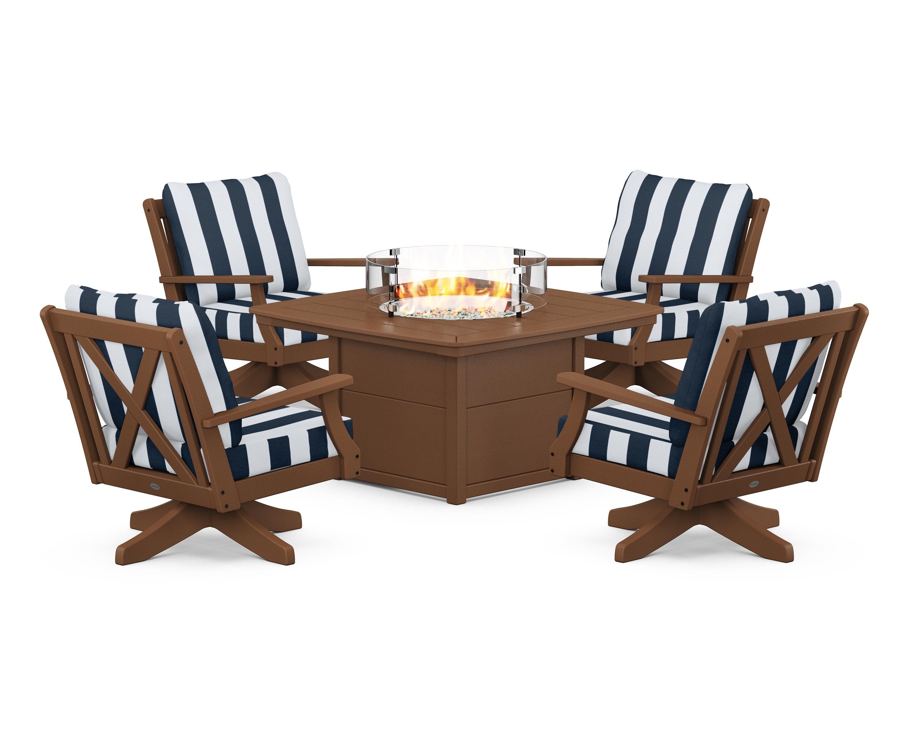 POLYWOOD® Braxton 5-Piece Deep Seating Swivel Conversation Set with Fire Pit Table in Teak / Cabana Stripe Marine Indigo