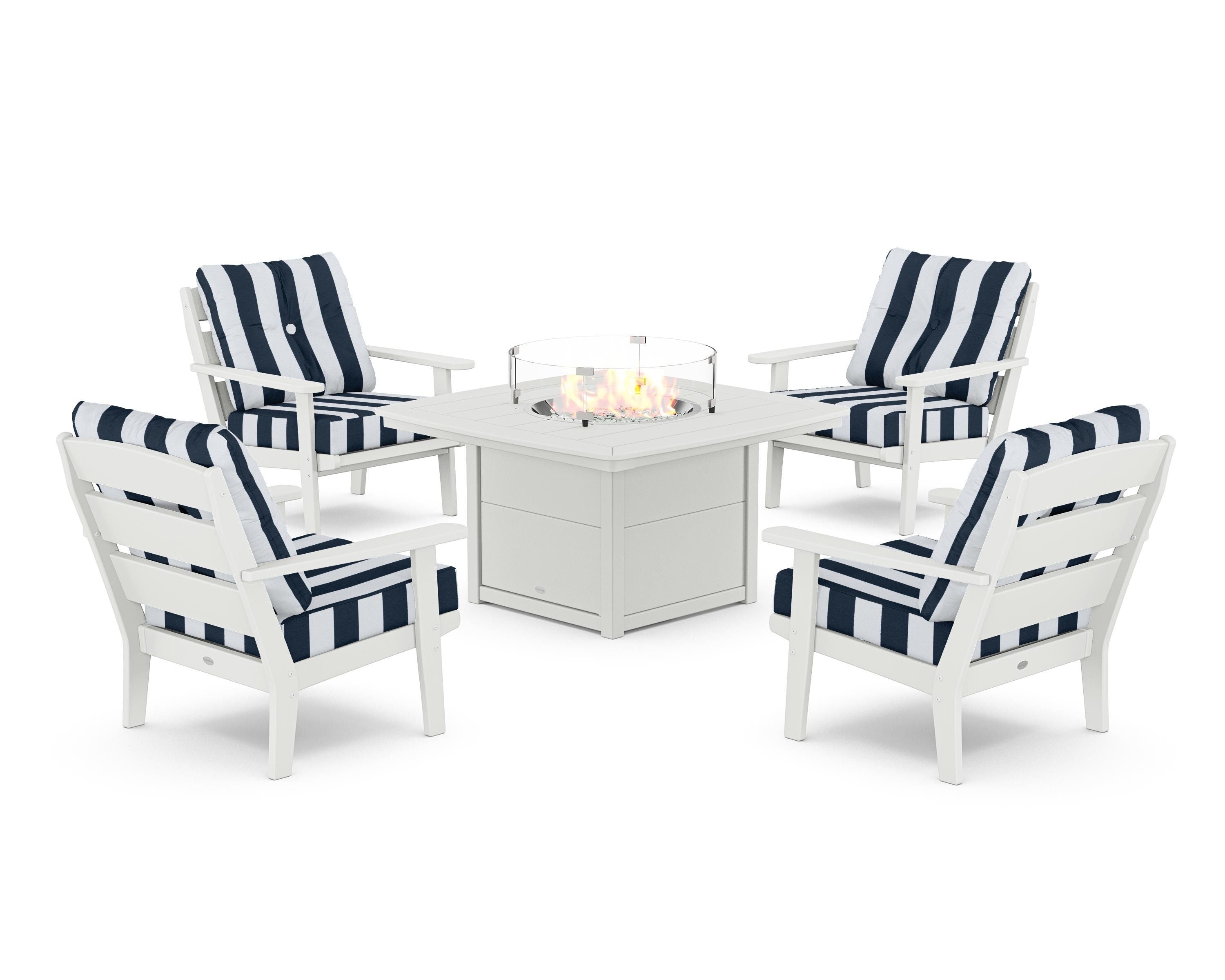POLYWOOD® Lakeside 5-Piece Deep Seating Set with Nautical Fire Pit Table in White / Cabana Stripe Marine Indigo