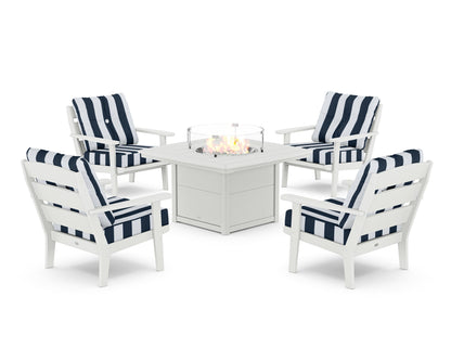 POLYWOOD® Lakeside 5-Piece Deep Seating Set with Nautical Fire Pit Table in White / Cabana Stripe Marine Indigo