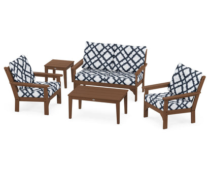 POLYWOOD® Vineyard 5-Piece Deep Seating Set in Teak / Trellis Marine Indigo