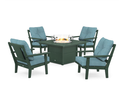 POLYWOOD® Prairie 5-Piece Deep Seating Set with Fire Pit Table in Green / Lattice Sky Blue