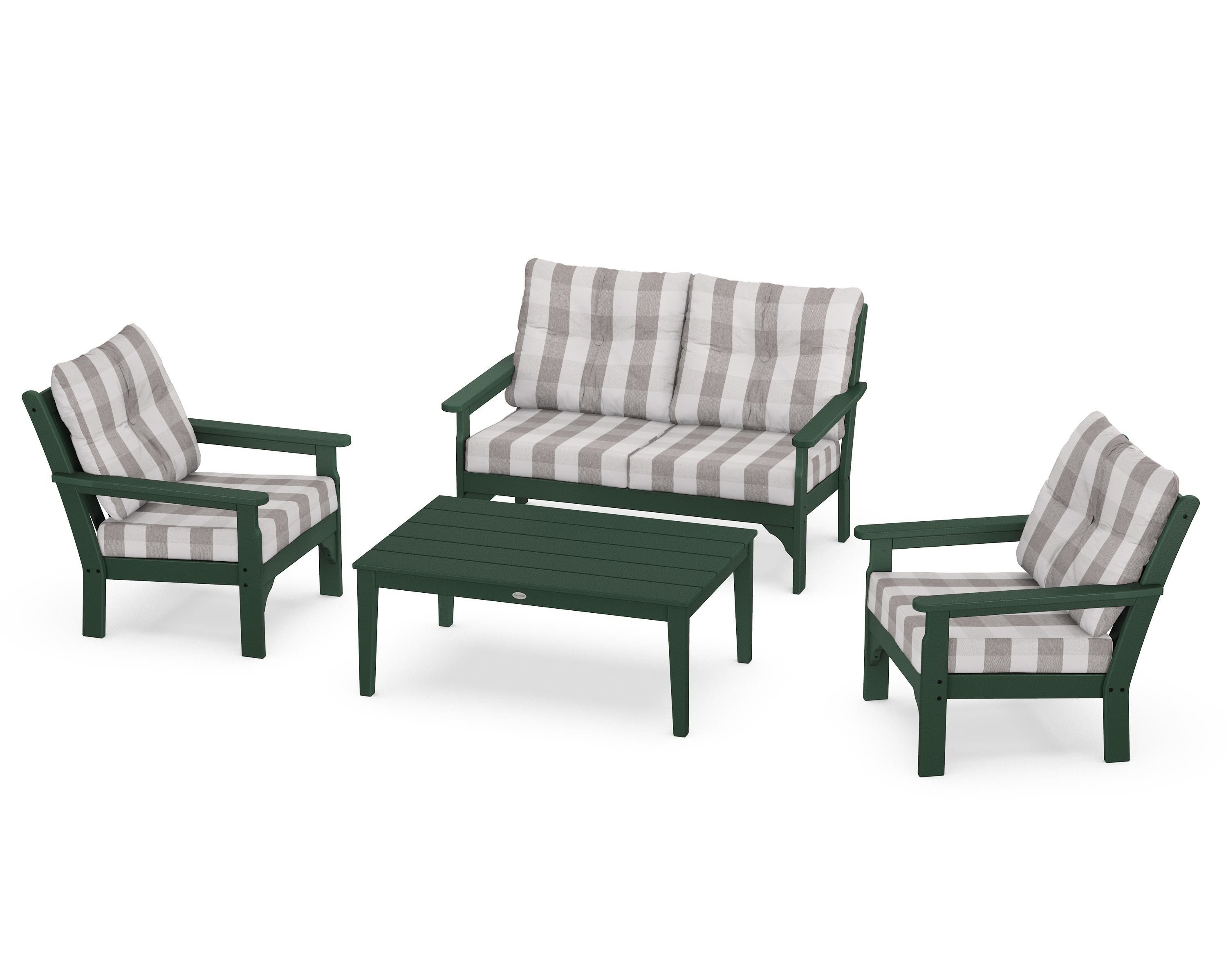 POLYWOOD® Vineyard 4-Piece Deep Seating Set in Green / Buffalo Plaid Grey Mist