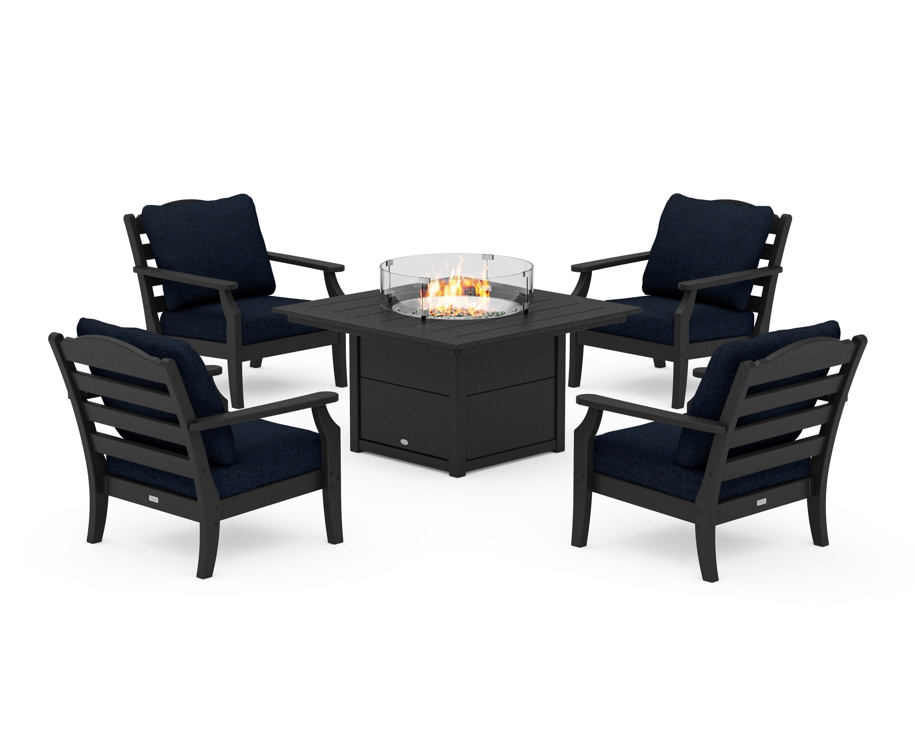 Draper James™ by  POLYWOOD® Savannah 5-Piece Deep Seating Set with Fire Pit Table in Black / Marine Indigo