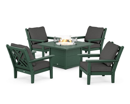 POLYWOOD® Chippendale 5-Piece Deep Seating Set with Fire Pit Table in Green / Spectrum Carbon
