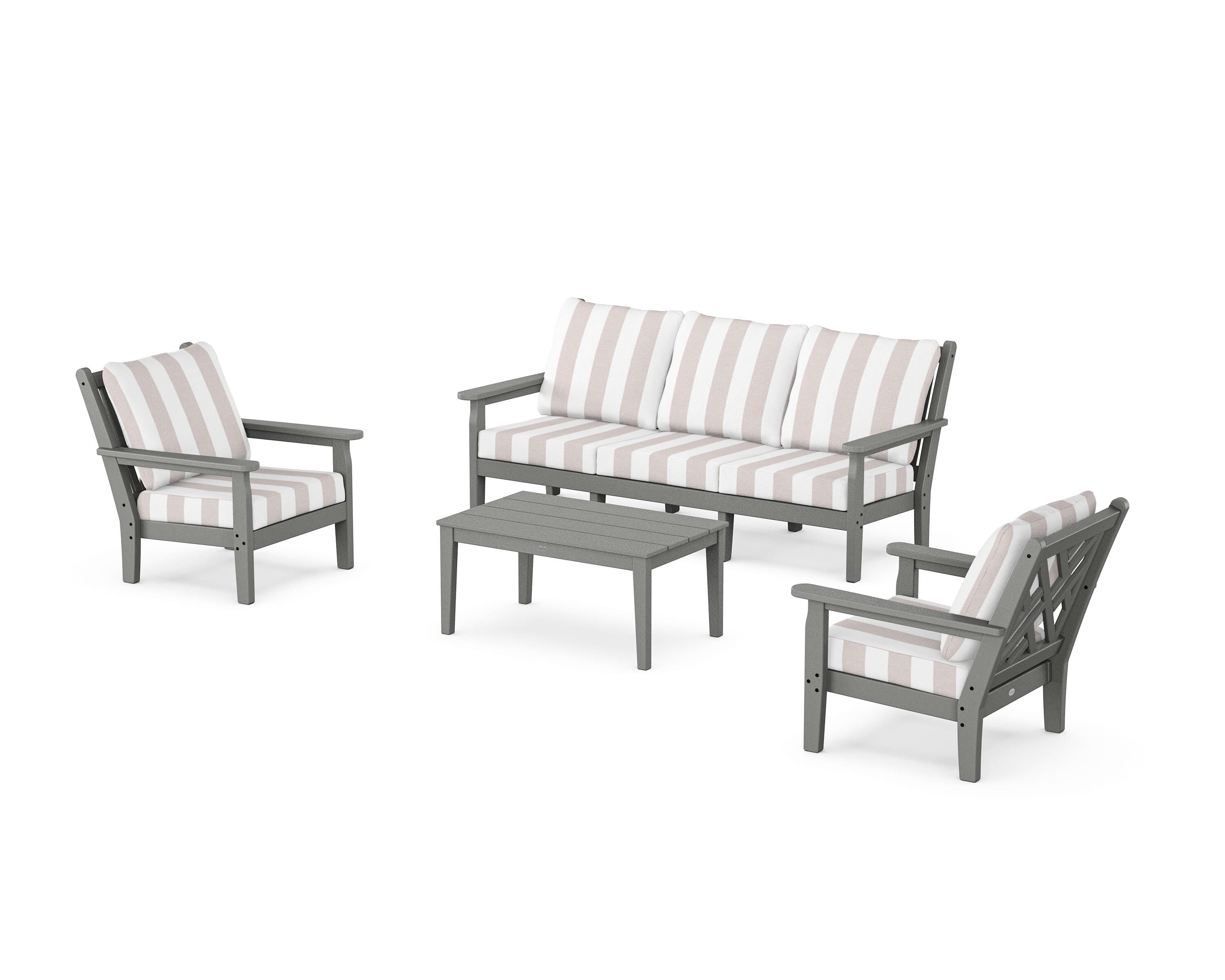 POLYWOOD® Chippendale 4-Piece Deep Seating Set with Sofa in Slate Grey / Cabana Stripe Dune Burlap