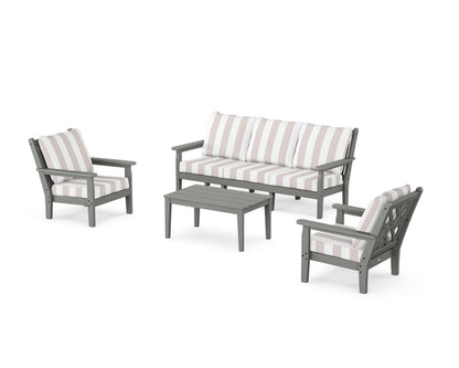 POLYWOOD® Chippendale 4-Piece Deep Seating Set with Sofa in Slate Grey / Cabana Stripe Dune Burlap