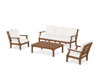 Martha Stewart by POLYWOOD® Chinoiserie 4-Piece Deep Seating Set with Sofa in Teak / Natural Linen