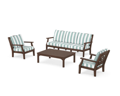 Martha Stewart by POLYWOOD® Chinoiserie 4-Piece Deep Seating Set with Sofa in Mahogany / Cabana Stripe Glacier Spa
