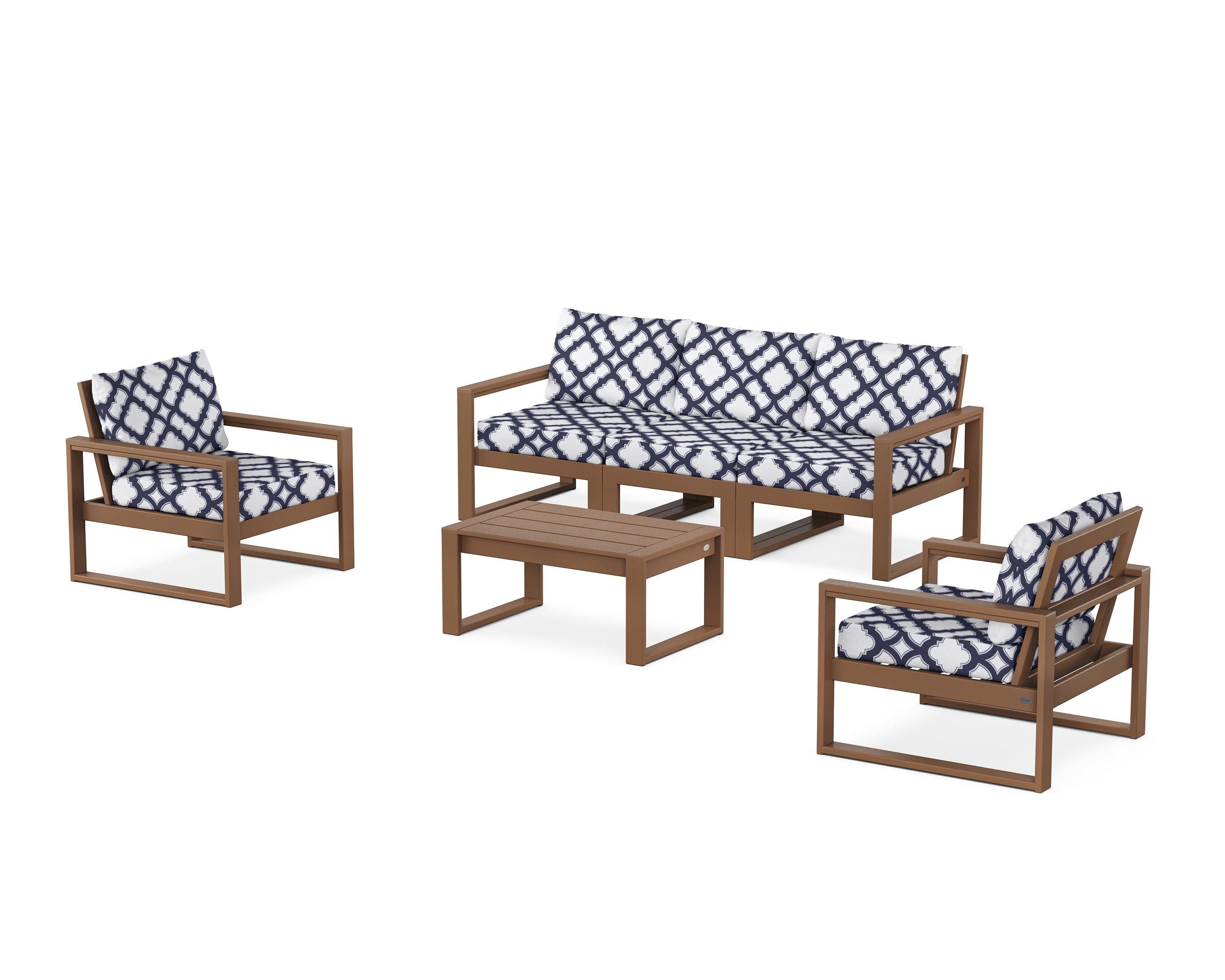 POLYWOOD® EDGE Sectional 4-Piece Deep Seating Set with Sofa in Teak / Trellis Navy