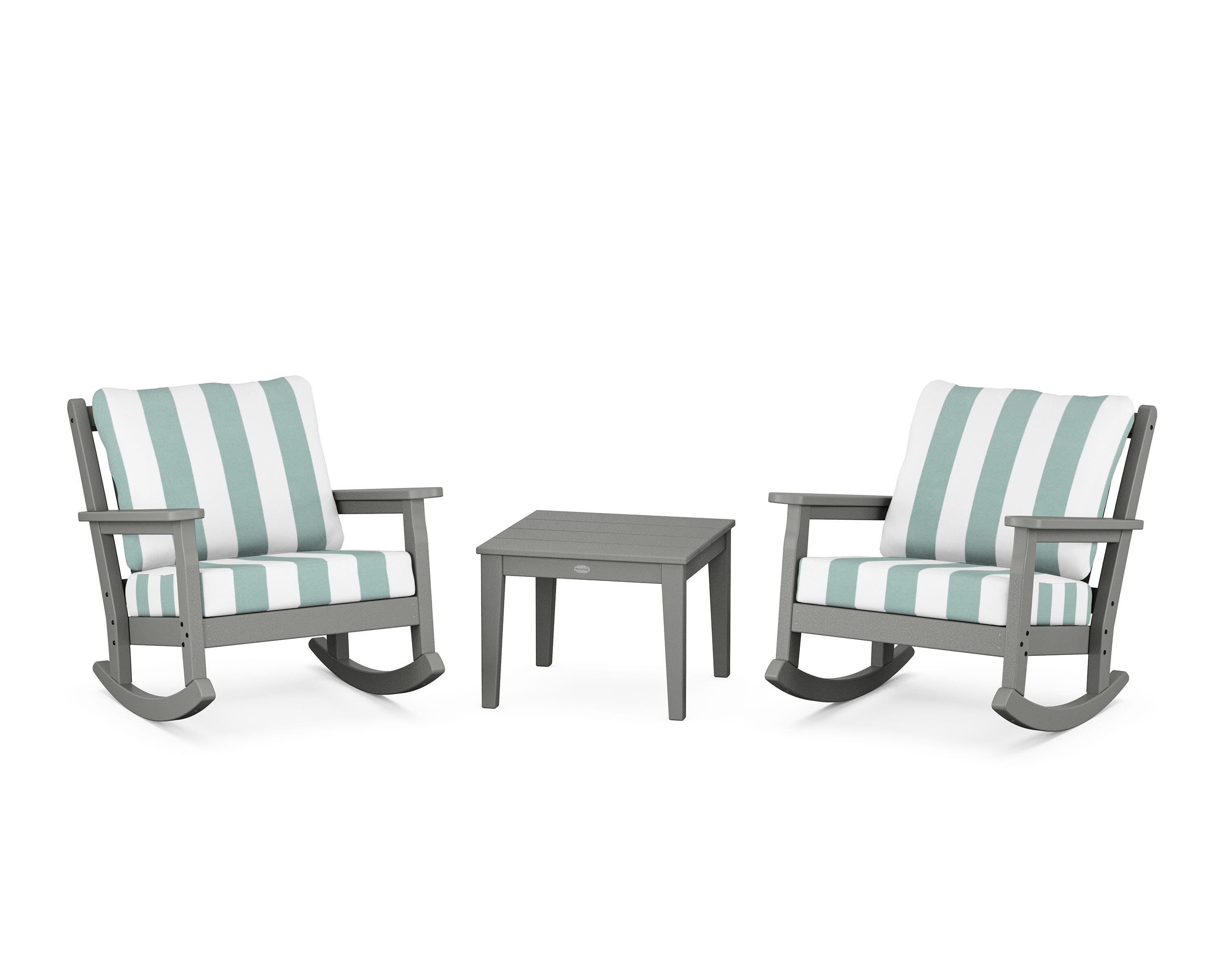 POLYWOOD® Chippendale 3-Piece Deep Seating Rocker Set in Slate Grey / Cabana Stripe Glacier Spa