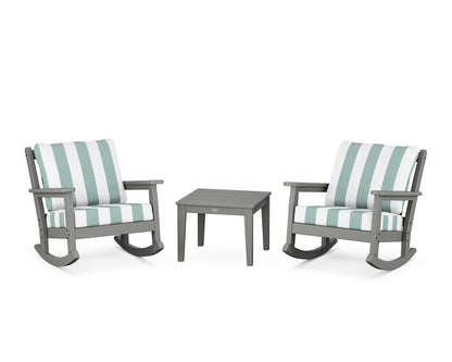 POLYWOOD® Chippendale 3-Piece Deep Seating Rocker Set in Slate Grey / Cabana Stripe Glacier Spa
