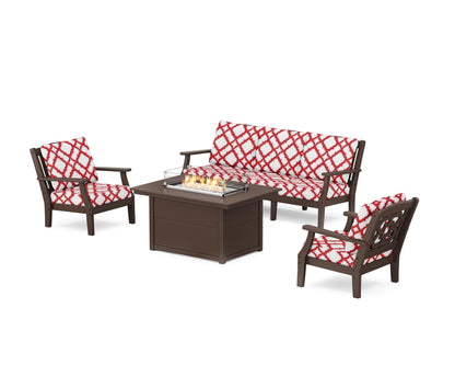 Martha Stewart by POLYWOOD® Chinoiserie Deep Seating Fire Pit Table Set in Mahogany / Trellis Crimson