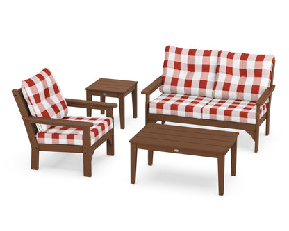 POLYWOOD® Vineyard 4-Piece Deep Seating Set in Teak / Buffalo Plaid Crimson