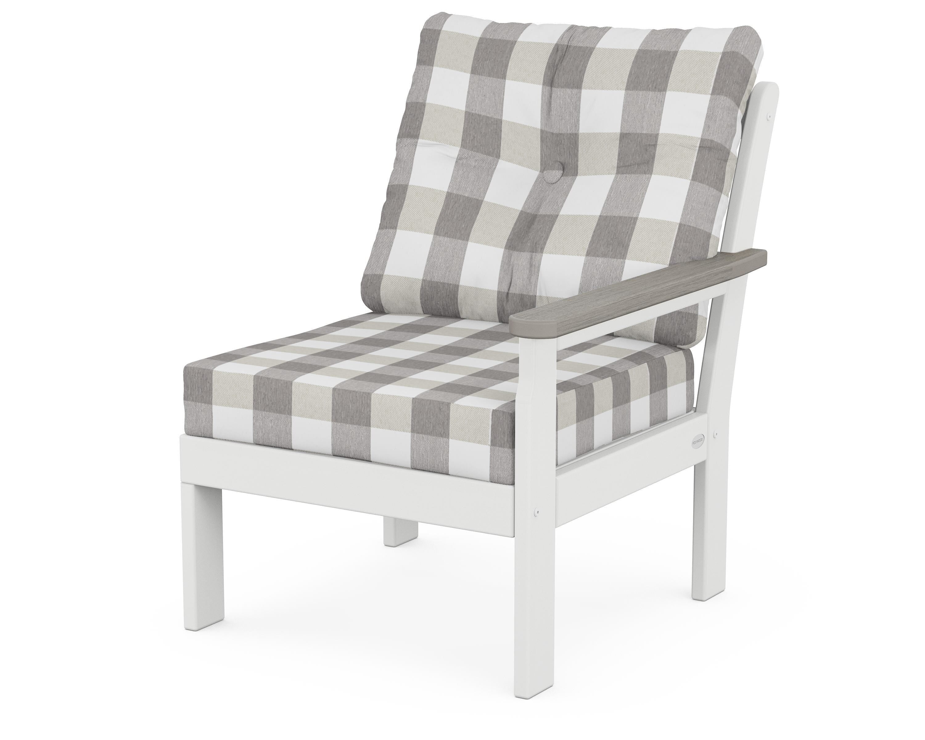 POLYWOOD® Vineyard Modular Right Arm Chair in White / Driftwood / Buffalo Plaid Grey Mist