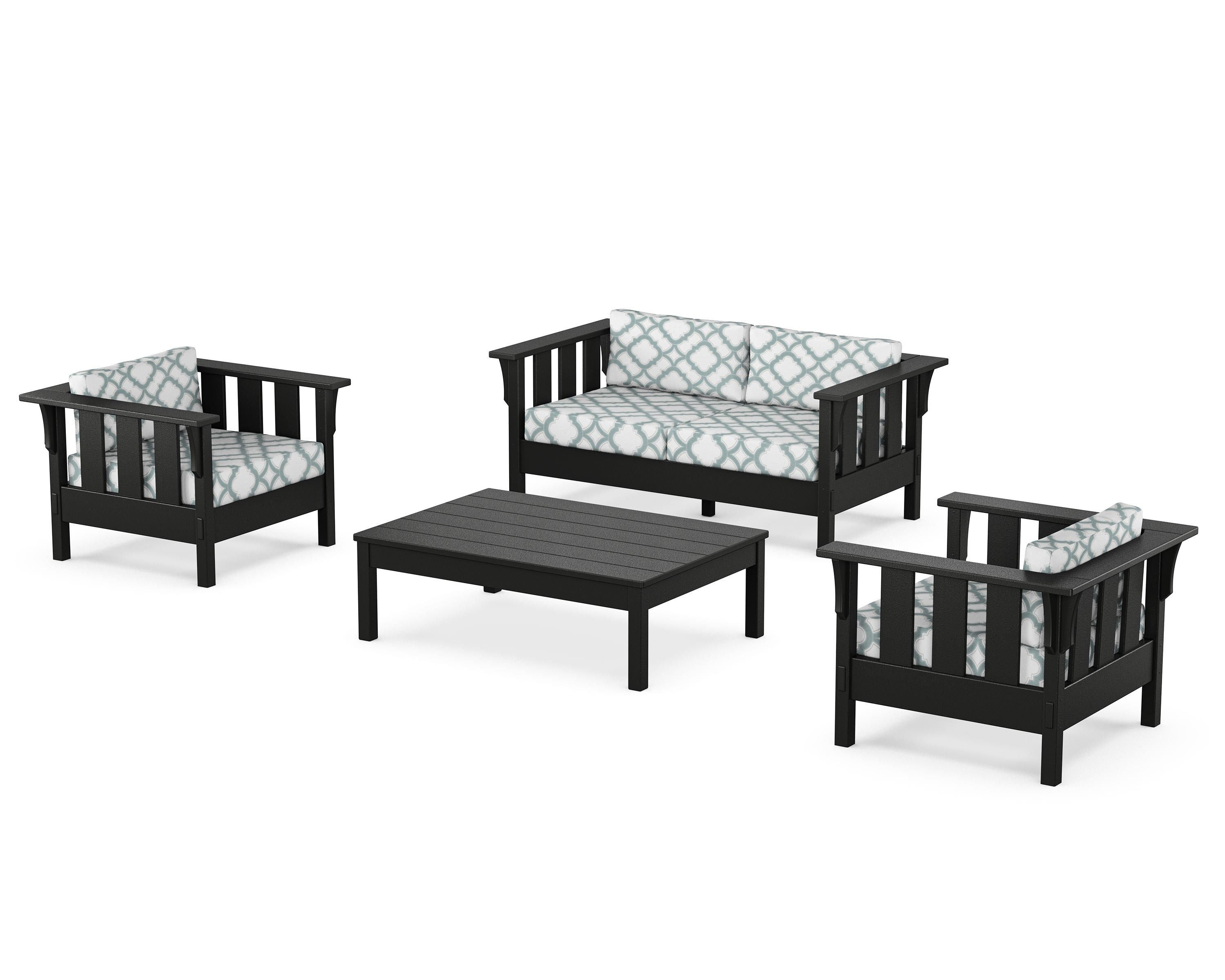 Martha Stewart by POLYWOOD® Acadia 4-Piece Deep Seating Set with Loveseat in Black / Trellis Glacier Spa