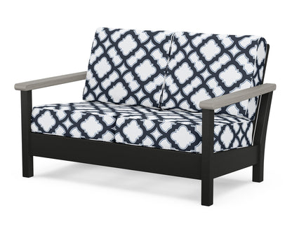 POLYWOOD® Harbour Deep Seating Loveseat in Black / Driftwood / Trellis Marine Indigo