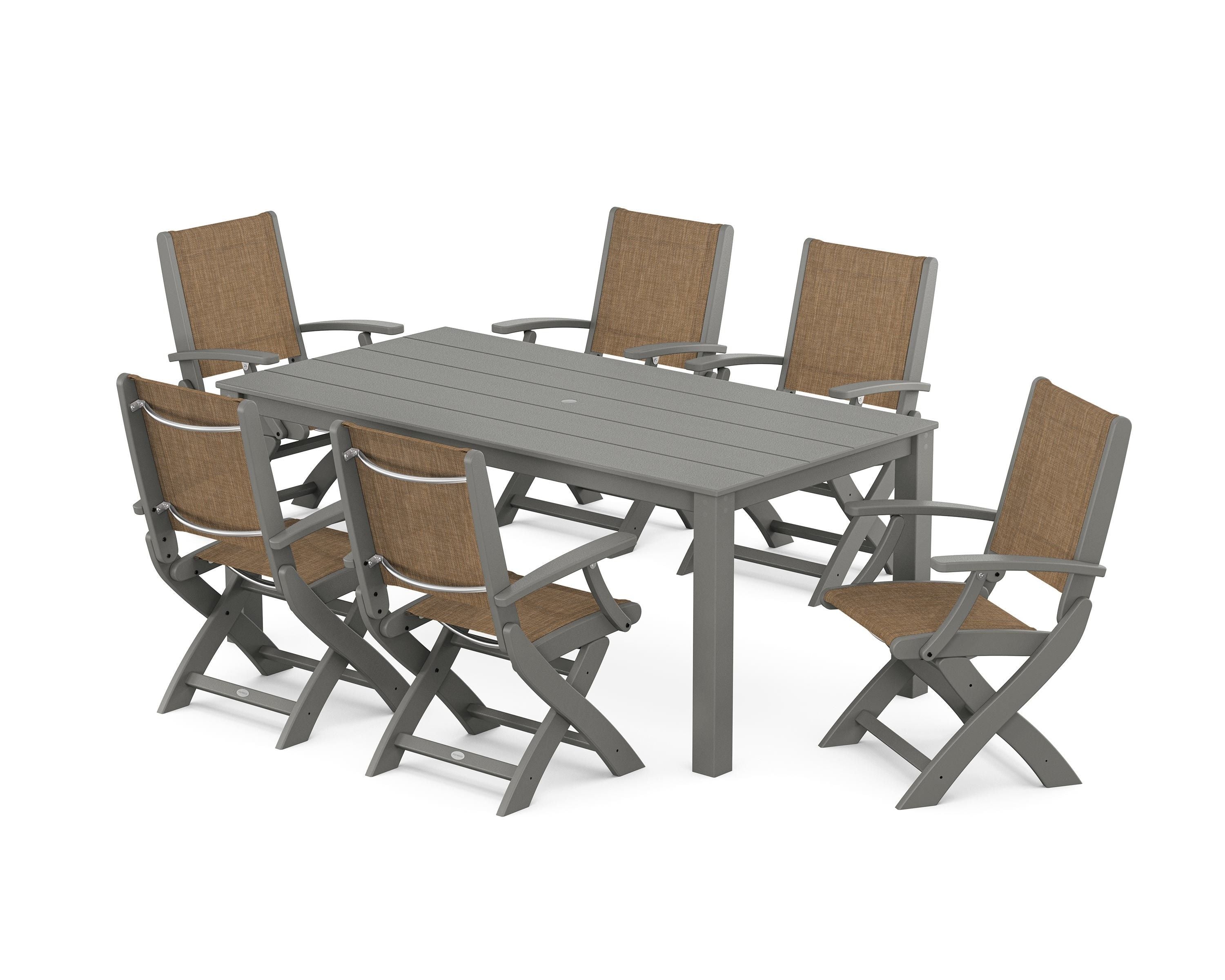 POLYWOOD® Coastal Folding Chair 7-Piece Parsons Dining Set in Slate Grey / Burlap Sling