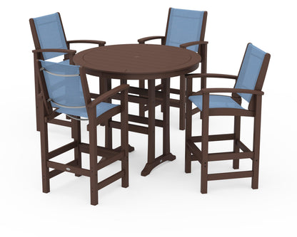 POLYWOOD® Coastal 5-Piece Nautical Trestle Bar Set in Mahogany / Poolside Sling