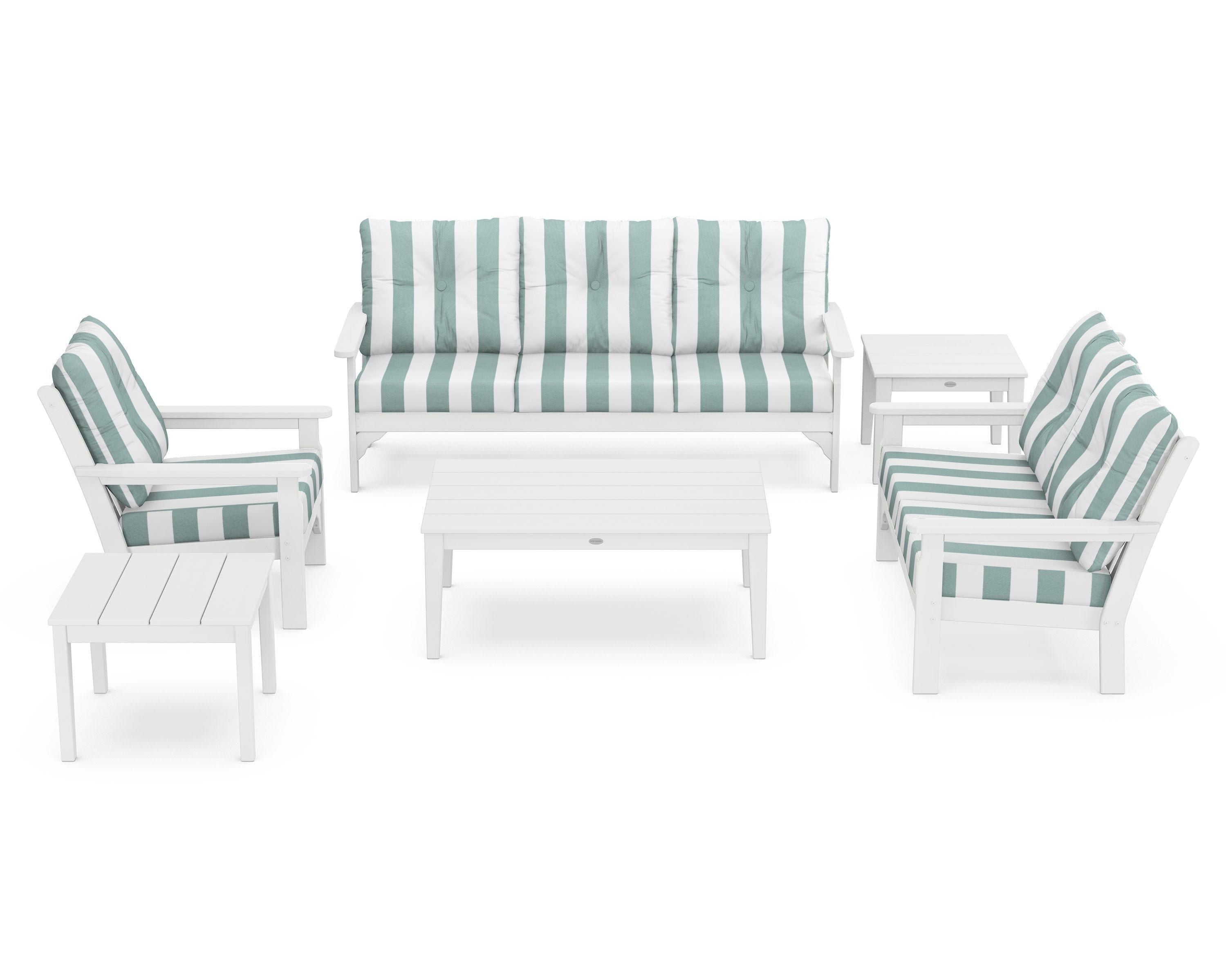 POLYWOOD® Vineyard 6-Piece Deep Seating Set in White / Cabana Stripe Glacier Spa