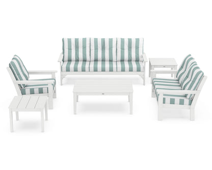 POLYWOOD® Vineyard 6-Piece Deep Seating Set in White / Cabana Stripe Glacier Spa