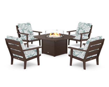 POLYWOOD® Lakeside 5-Piece Deep Seating Set with Nautical Fire Pit Table in Mahogany / Leaf Glacier Spa