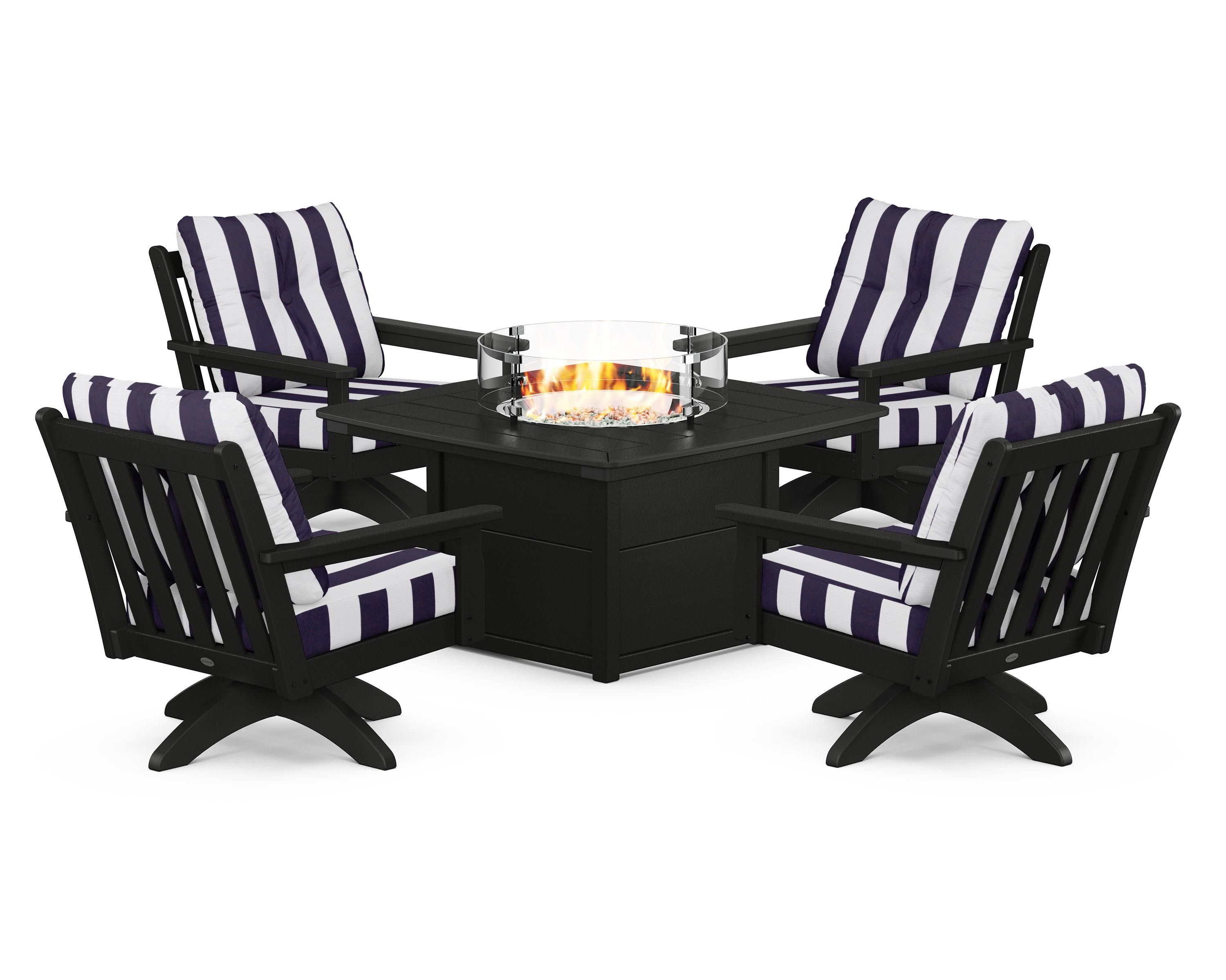 POLYWOOD® Vineyard 5-Piece Deep Seating Swivel Conversation Set with Fire Pit Table in Black / Cabana Stripe Navy