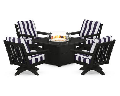 POLYWOOD® Vineyard 5-Piece Deep Seating Swivel Conversation Set with Fire Pit Table in Black / Cabana Stripe Navy
