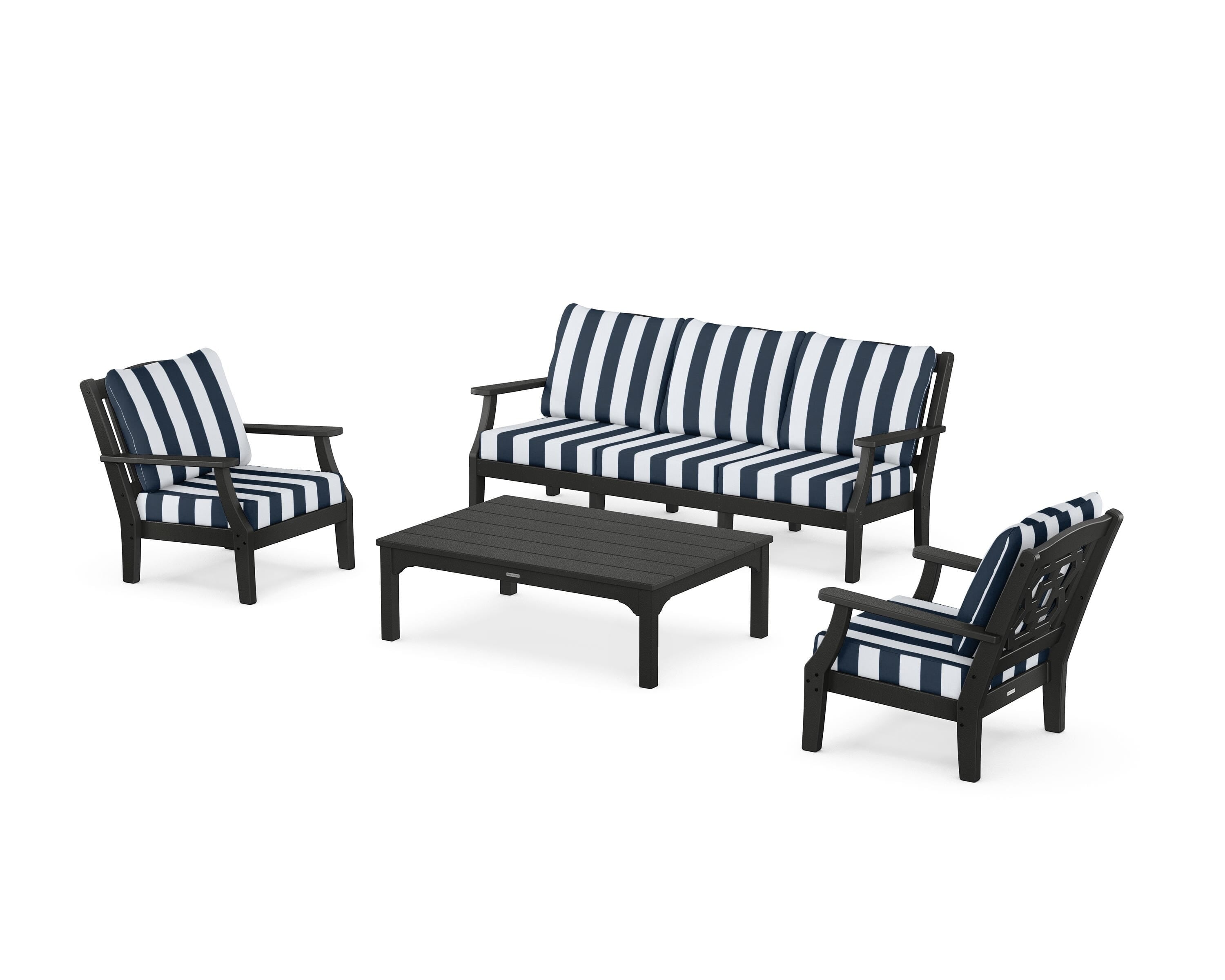 Martha Stewart by POLYWOOD® Chinoiserie 4-Piece Deep Seating Set with Sofa in Black / Cabana Stripe Marine Indigo