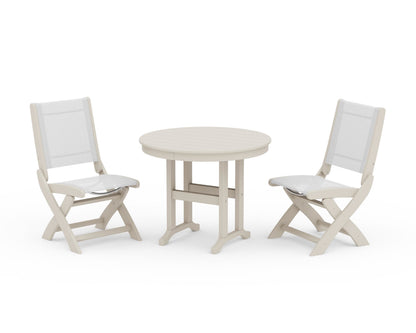 POLYWOOD® Coastal Folding Side Chair 3-Piece Round Dining Set in Sand / White Sling
