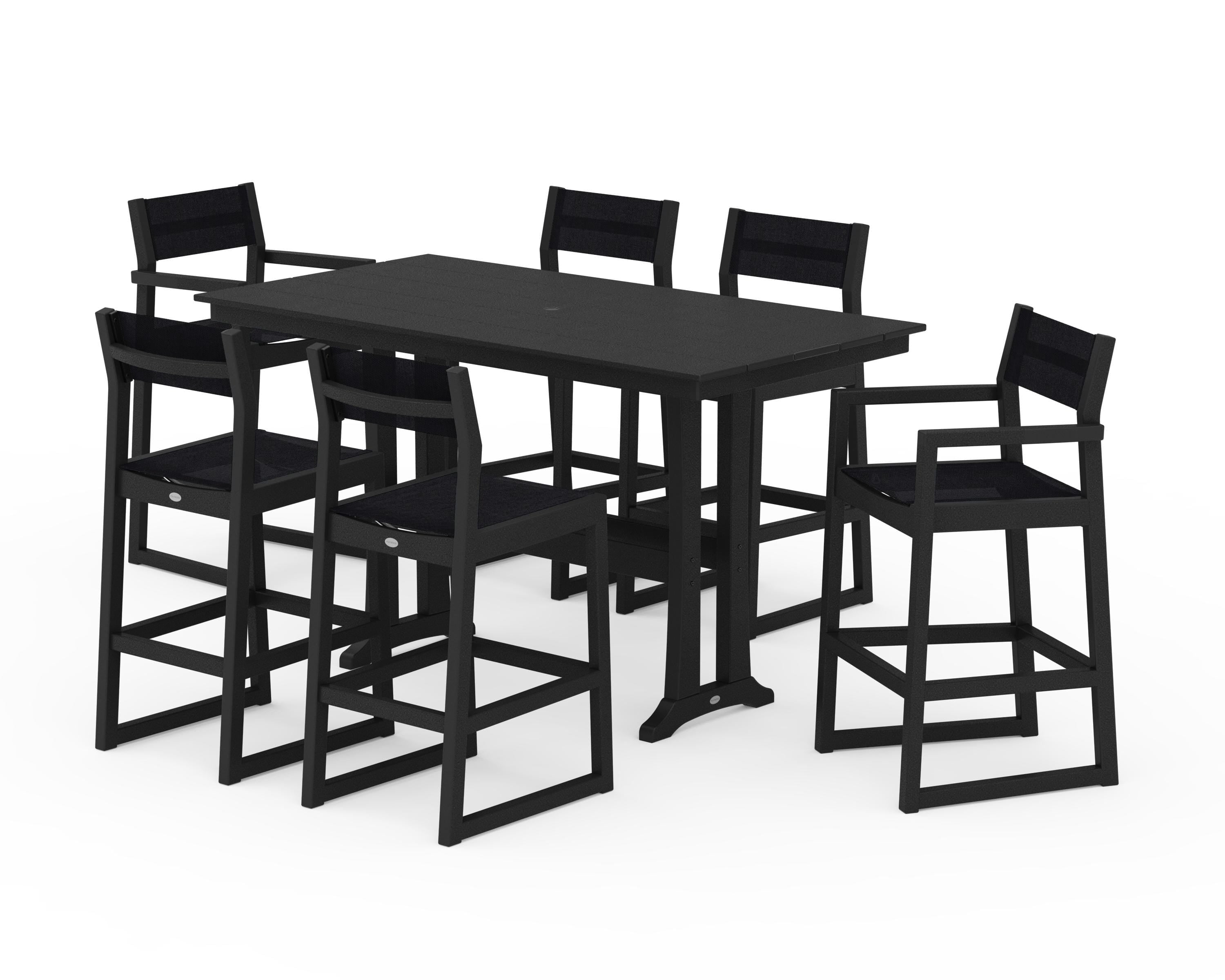 POLYWOOD® EDGE Sling 7-Piece Farmhouse Bar Set with Trestle Legs in Black / Black Sling