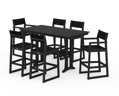 POLYWOOD® EDGE Sling 7-Piece Farmhouse Bar Set with Trestle Legs in Black / Black Sling