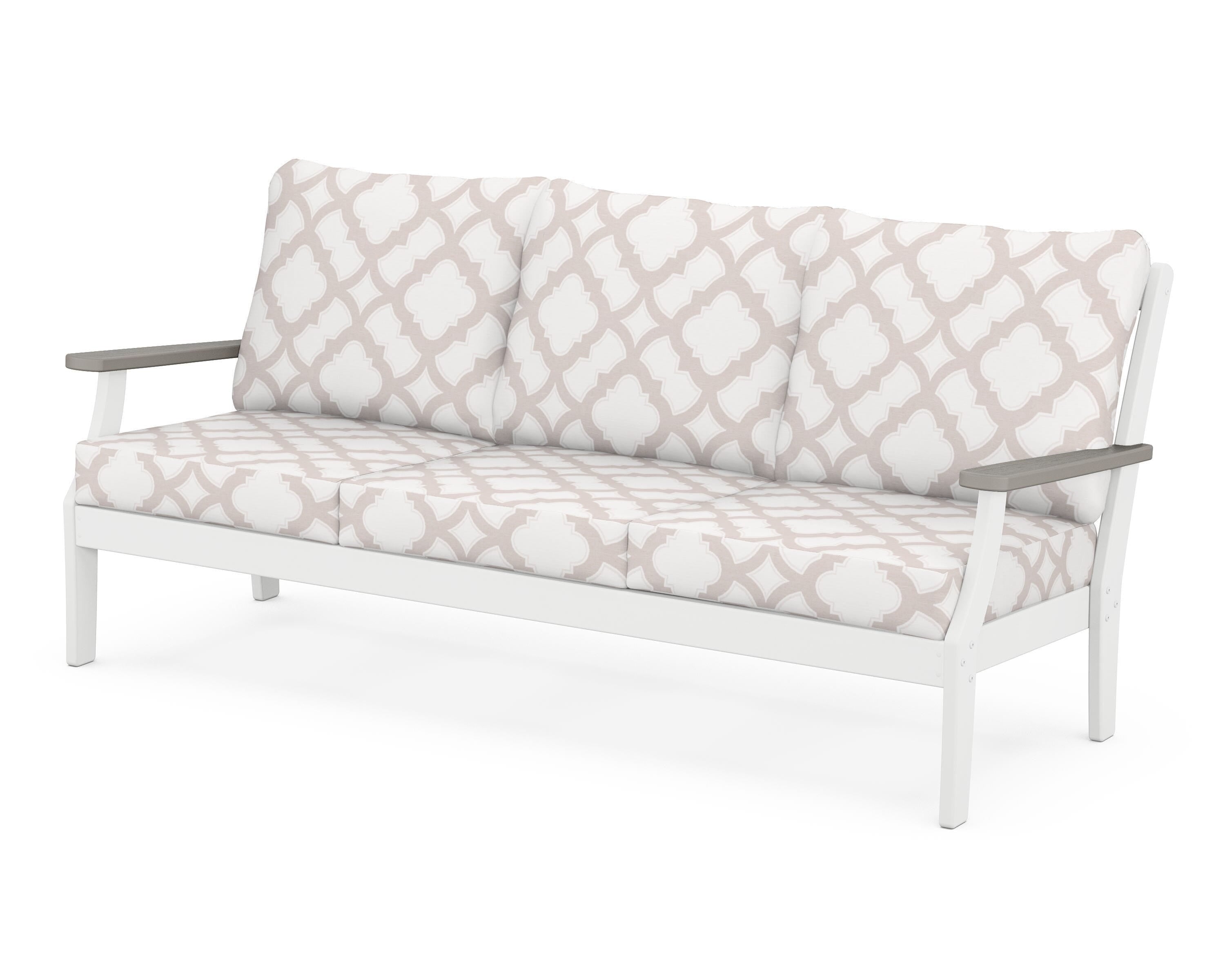 POLYWOOD® Braxton Deep Seating Sofa in White / Driftwood / Trellis Dune Burlap