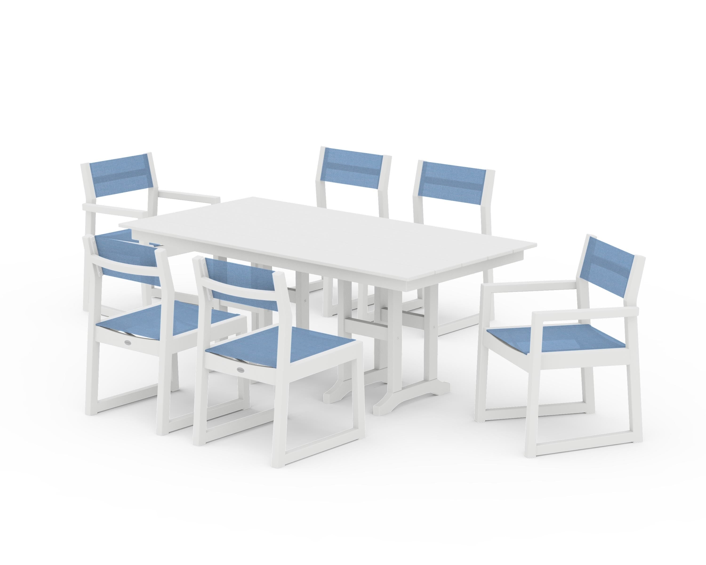 POLYWOOD® EDGE Sling 7-Piece Farmhouse Dining Set in White / Poolside Sling