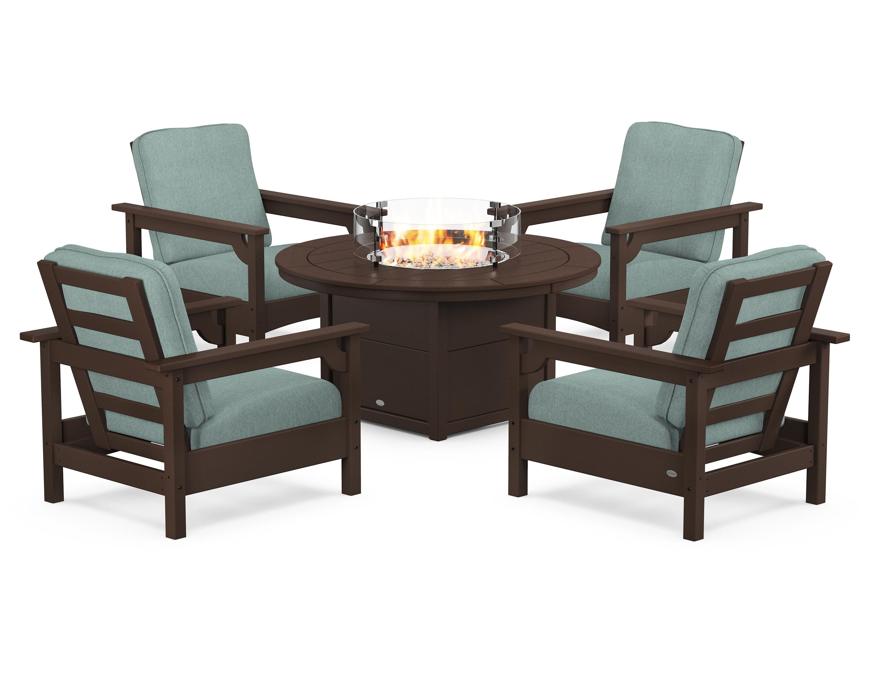 POLYWOOD® Club 5-Piece Conversation Set with Fire Pit Table in Mahogany / Glacier Spa