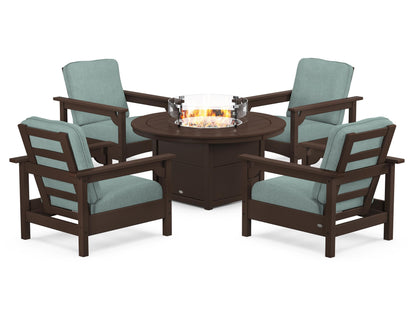 POLYWOOD® Club 5-Piece Conversation Set with Fire Pit Table in Mahogany / Glacier Spa