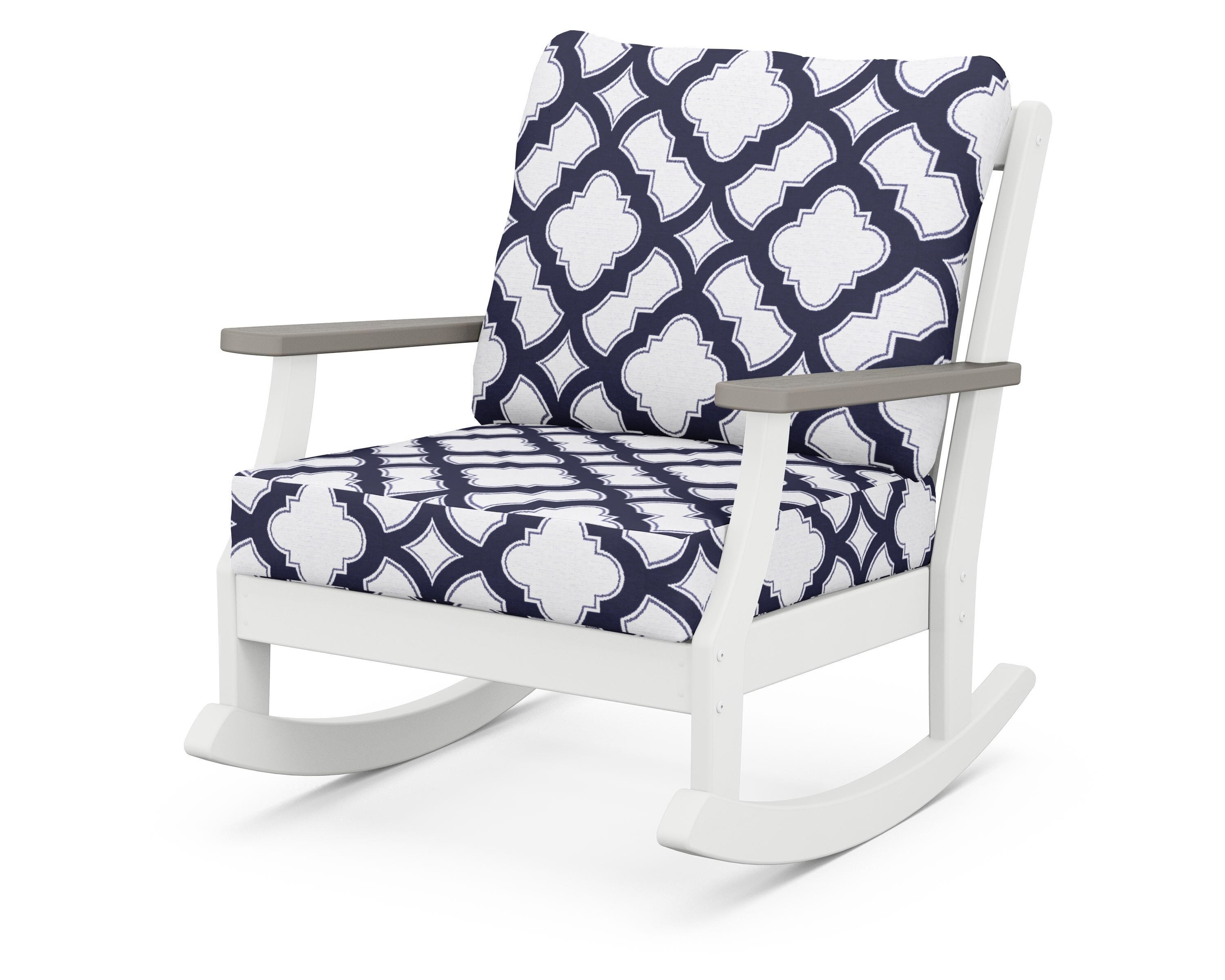 POLYWOOD® Braxton Deep Seating Rocking Chair in White / Driftwood / Trellis Navy