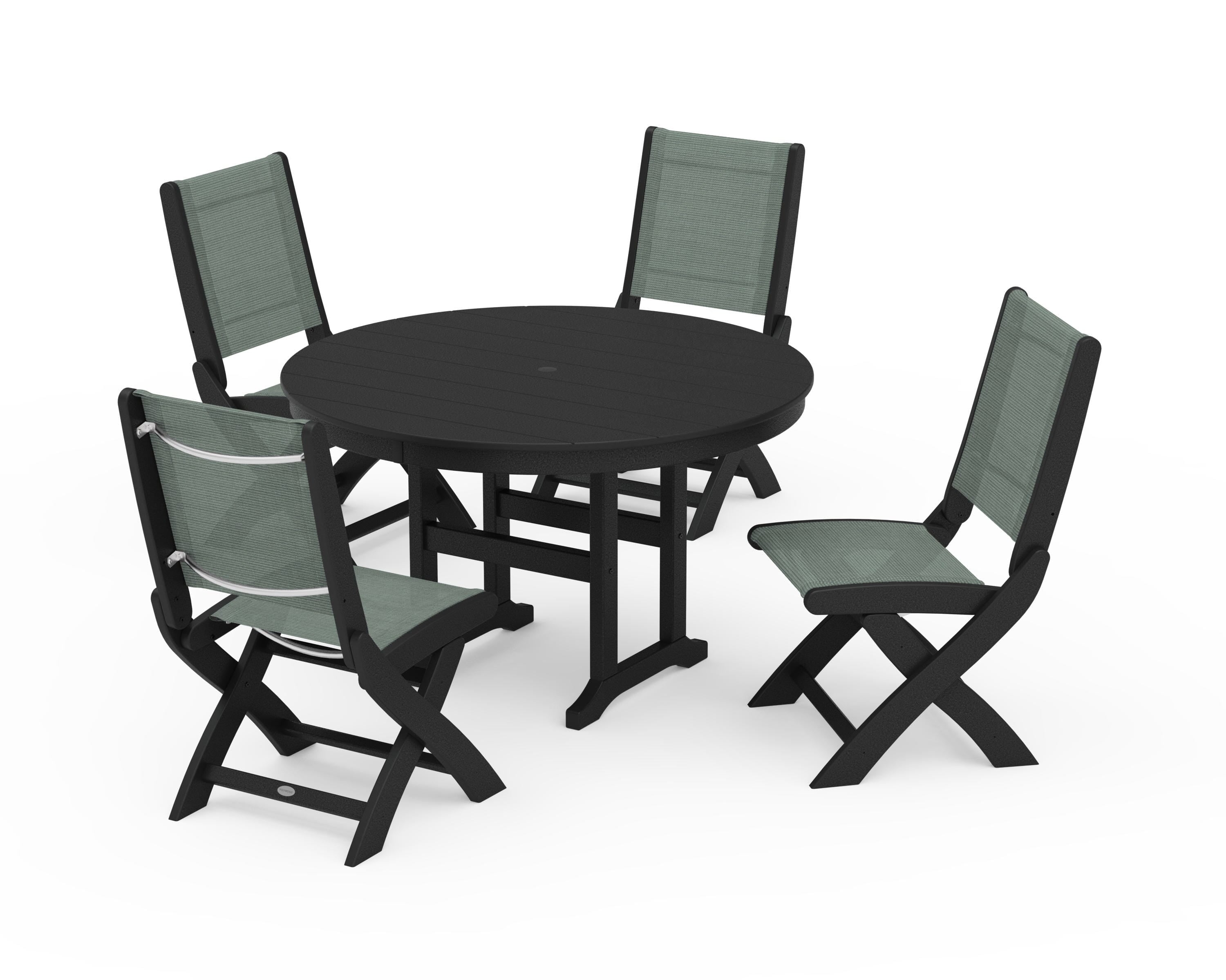 POLYWOOD® Coastal Folding Side Chair 5-Piece Round Dining Set in Black / Dupioni Sea Mist Sling