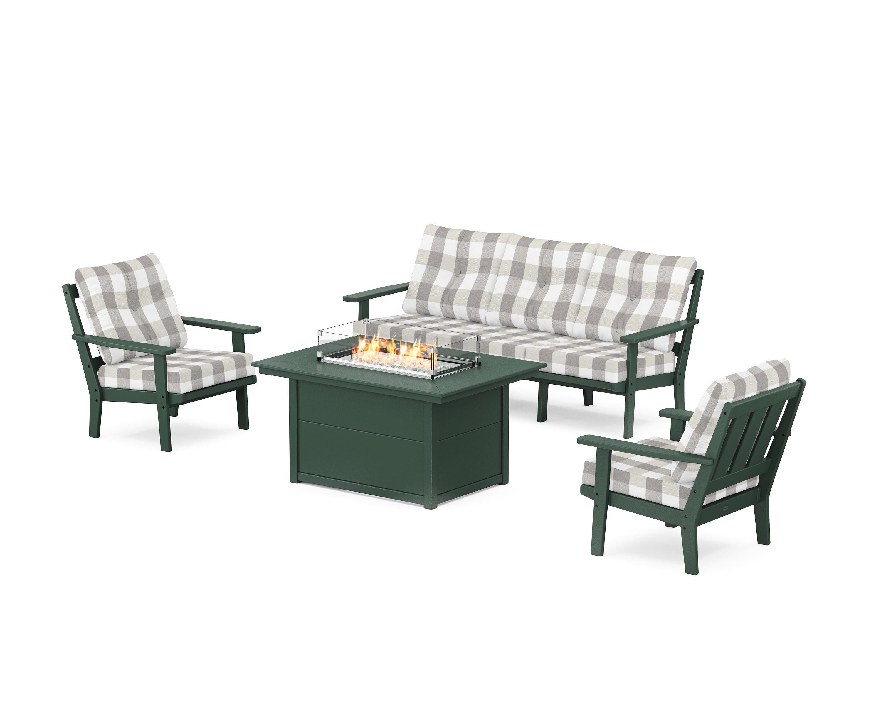 POLYWOOD® Oxford Deep Seating Fire Pit Table Set in Green / Buffalo Plaid Grey Mist