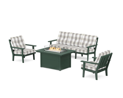 POLYWOOD® Oxford Deep Seating Fire Pit Table Set in Green / Buffalo Plaid Grey Mist