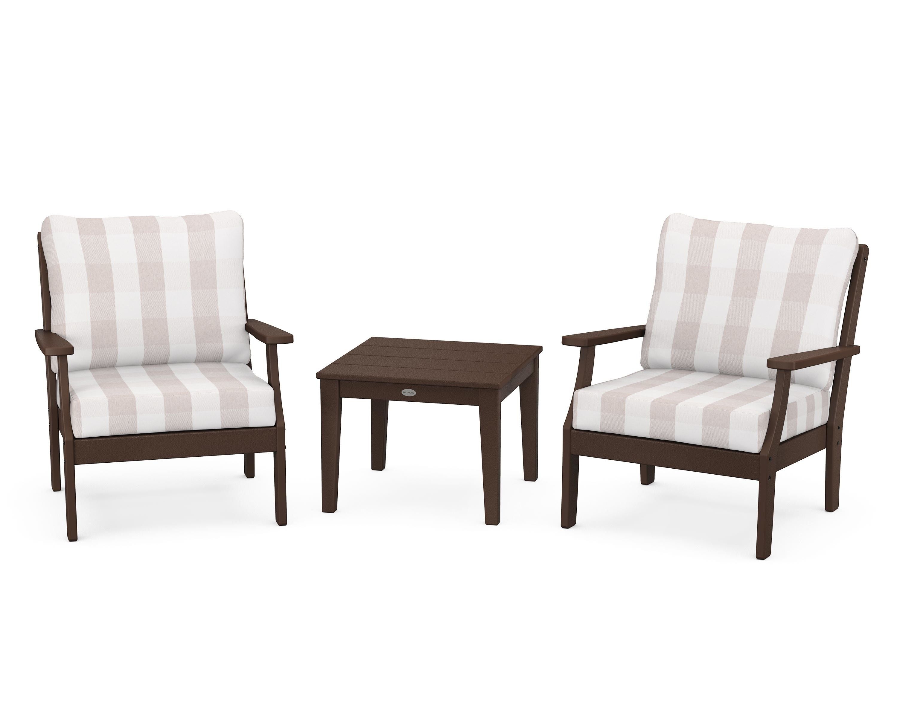 POLYWOOD® Braxton 3-Piece Deep Seating Set in Mahogany / Buffalo Plaid Dune Burlap